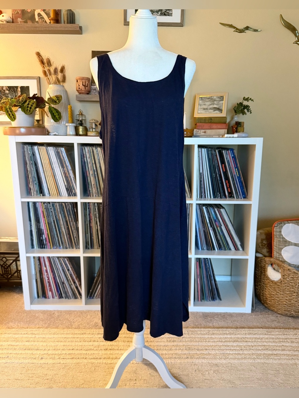 Eileen Fisher Size Large Navy Hemp Cotton Midi Sleeveless Dress